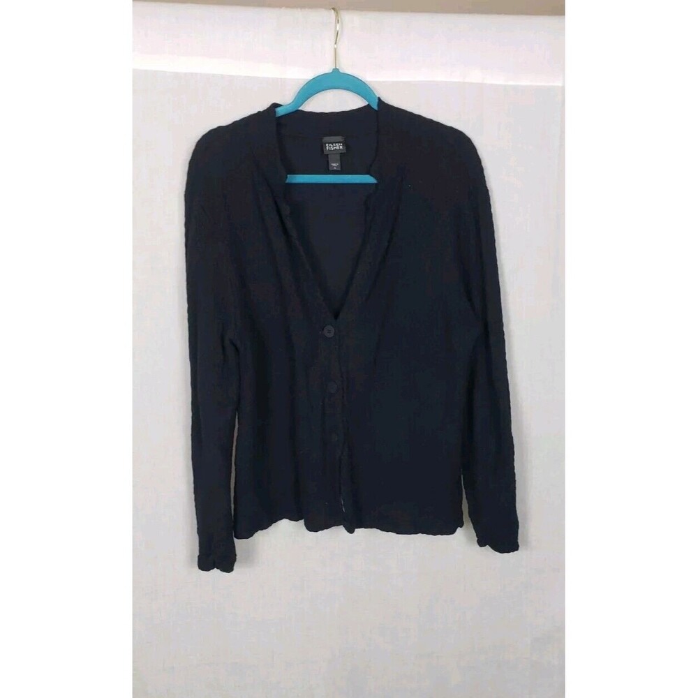 Eileen Fisher Waffle Knit Cardigan XL Black Button Front Mandarin Collar Outdoor